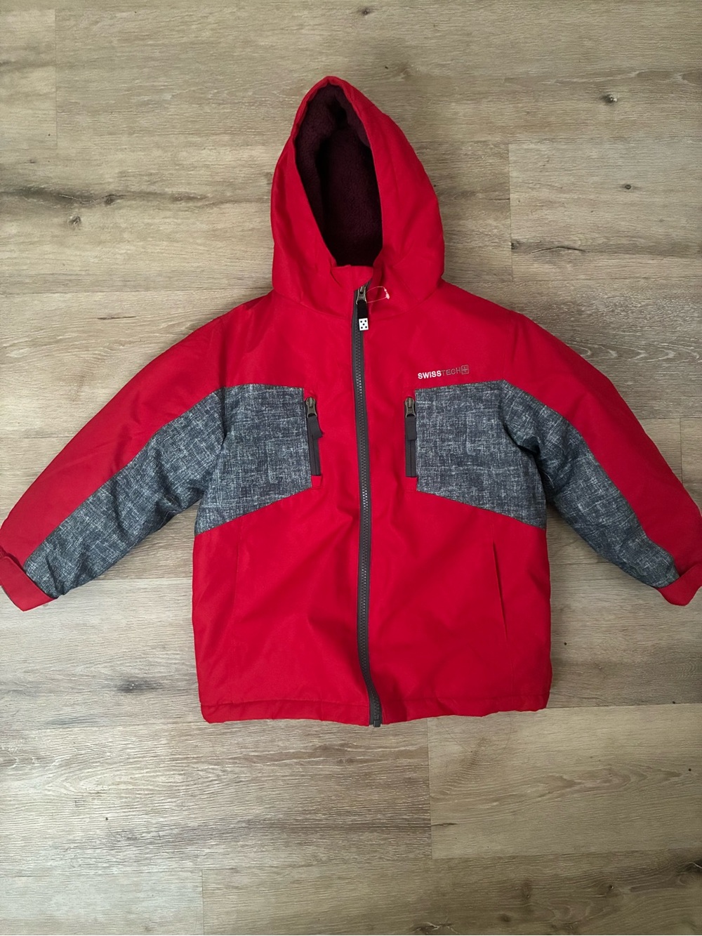 New Swiss Tech Kids Red and Gray Hooded Puffer Jacket